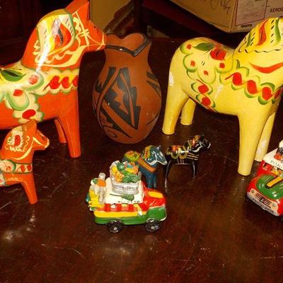 Multi set Native american vase, wood horses (5) and 2 cars.