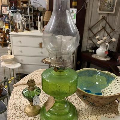 Vintage green glass oil lamp