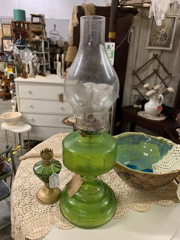 Vintage green glass oil lamp