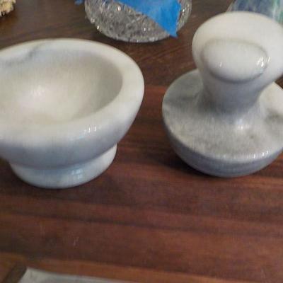Teakwood  cutting table & knife plus mortar & pestle.
