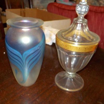Designer and signed vase with cut glass candy dish.