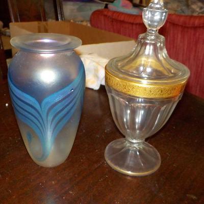 Designer and signed vase with cut glass candy dish.