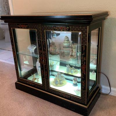 Lighted Asian style glass curio display cabinet 