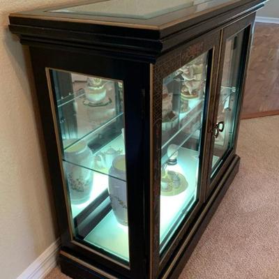 Lighted Asian style glass curio display cabinet 