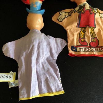 Lot of 5 Vintage 1960's Disney Hand Puppets - Pinnochio, Jiminy Cricket, Wizard of Oz, Tin Man, Dopey