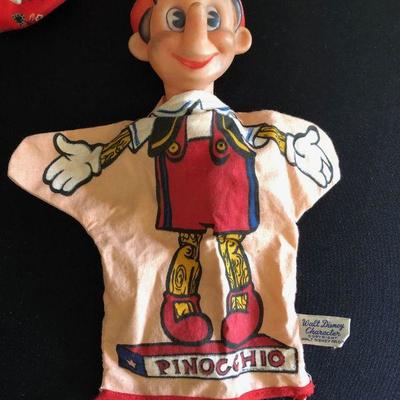 Lot of 5 Vintage 1960's Disney Hand Puppets - Pinnochio, Jiminy Cricket, Wizard of Oz, Tin Man, Dopey