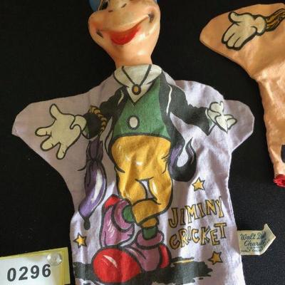 Lot of 5 Vintage 1960's Disney Hand Puppets - Pinnochio, Jiminy Cricket, Wizard of Oz, Tin Man, Dopey