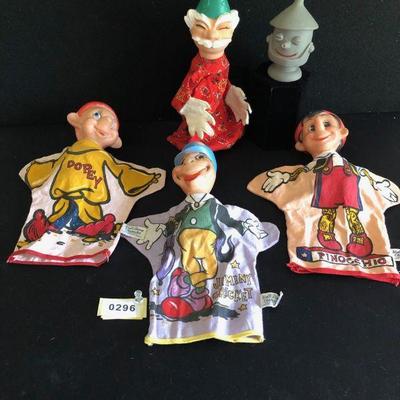 Lot of 5 Vintage 1960's Disney Hand Puppets - Pinnochio, Jiminy Cricket, Wizard of Oz, Tin Man, Dopey