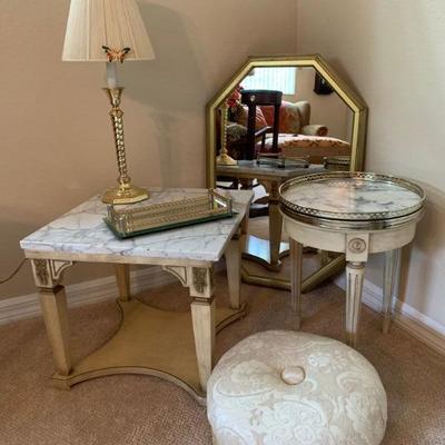 Misc table , lamp, mirror, ottoman lot 