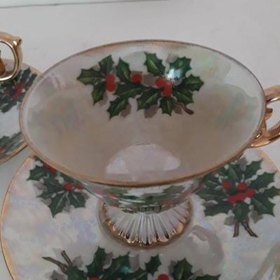 Pair of Holiday Holly Teacups & Saucers
