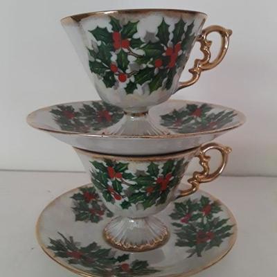 Pair of Holiday Holly Teacups & Saucers