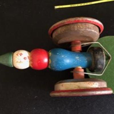 Antique Vintage Wooden Clown Wheelie Pull-Toy