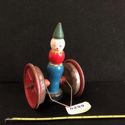 Antique Vintage Wooden Clown Wheelie Pull-Toy