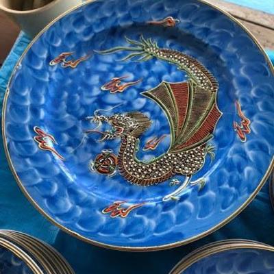 Vintage Blue Dragonware Moriage Lithopane China Set