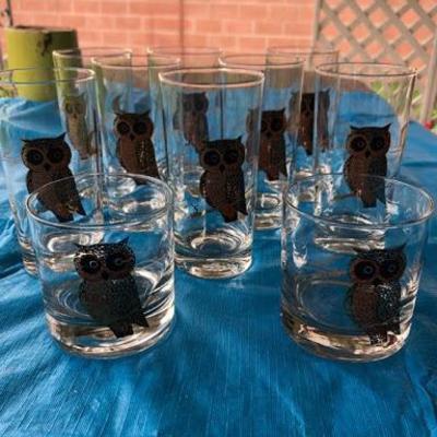 Set of 10 Couroc Gold Owl Drinking Glasses 