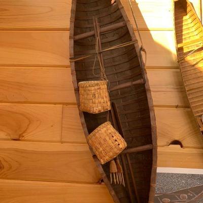 Birch strap canoe, creels and fish spears