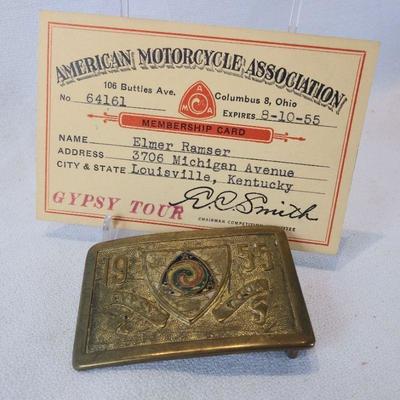 1955 AMA Gypsy Tour Brass Belt Buckle and Membership Card