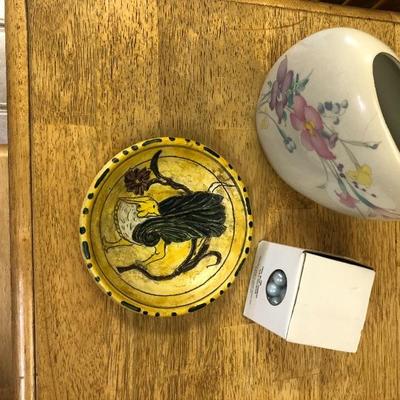 Estefan Ceramic Bowl, Royal Gallery Blue Opalescent Marbles NIB, and Floral Vase