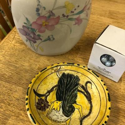 Estefan Ceramic Bowl, Royal Gallery Blue Opalescent Marbles NIB, and Floral Vase