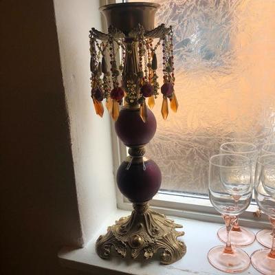Beautiful Vintage 16” Candle Holder with Beaded Accents and 7 Pink Depression Style Wine Glasses