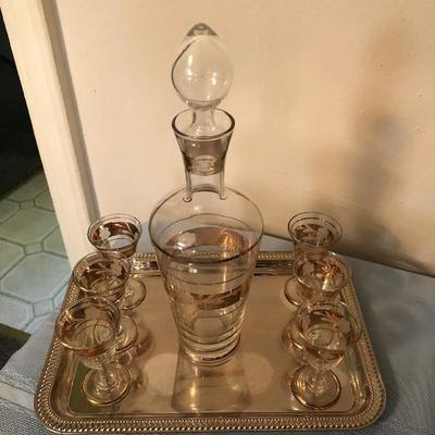 Gilt and Etched Decanter With 6 Cordials and Stainless Steel Serving Tray