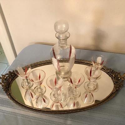 Mid Century Red and White Decanter with 6 Cordials and Brass and Mirrored Vanity tray