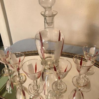 Mid Century Red and White Decanter with 6 Cordials and Brass and Mirrored Vanity tray