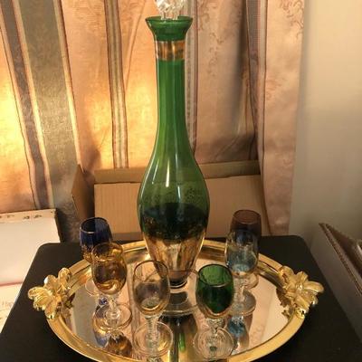 Bohemian Green and Gold Gilt Decanter with 6 Colored Cordials and Silver and Gold Mirrored Serving Tray