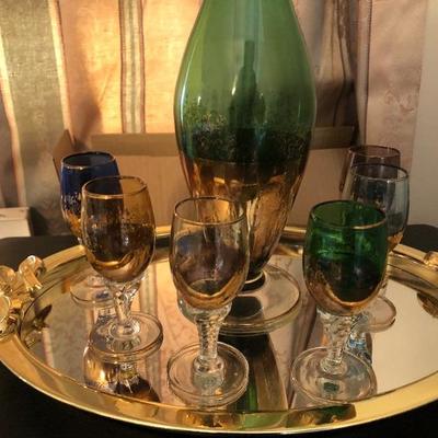 Bohemian Green and Gold Gilt Decanter with 6 Colored Cordials and Silver and Gold Mirrored Serving Tray