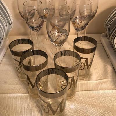 12 Piece Lot Monogrammed Glasses and Mosaic Stemware Lot