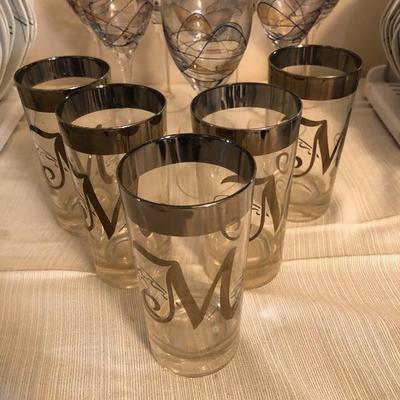 12 Piece Lot Monogrammed Glasses and Mosaic Stemware Lot
