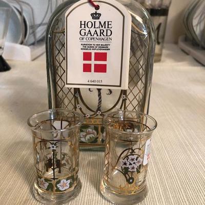 5 Piece Set, Holme Gaard of Copenhagen Decanter with Dram Glasses Mid Century Denmark Gold Gilt