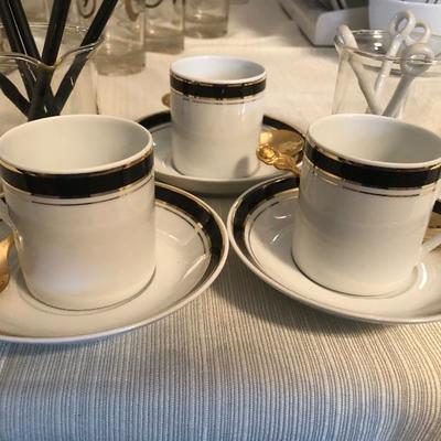3 Crown Porcelain Prestige Cups with Saucers, Gold Plated Stainless Spoons, Set of  Glass Sugar and Creamer, with Set of White Porcelain...