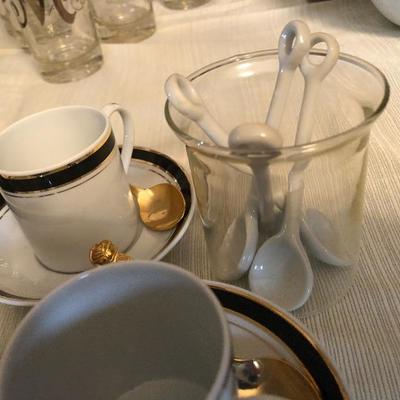 3 Crown Porcelain Prestige Cups with Saucers, Gold Plated Stainless Spoons, Set of  Glass Sugar and Creamer, with Set of White Porcelain...