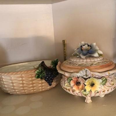 5 Piece Lot, Italian Floral Tureen, Ceramic Bowl with Grapes, Bird Plate and Matching Candleholders