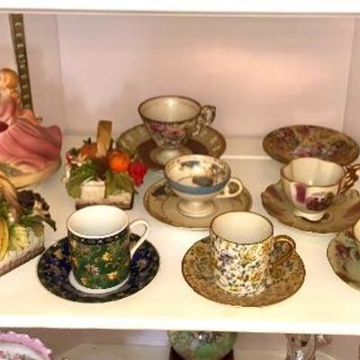 22 Piece Lot 7 Cup and Saucer Sets, 1 Extra Saucer, 7 Porcelain Figurines