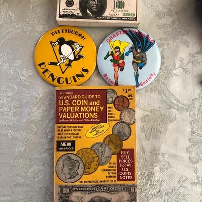 4 Piece Lot, Penguins Pin, Batman and Robin Pin, Coin Guide and Rubber$100 Bill
