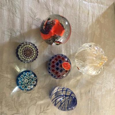 Lot of 6 Glass Paperweights, Murano, Millefiore, and others