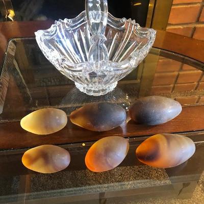 Crystal Vase with 6 Hand Blown Brown Glass Eggs