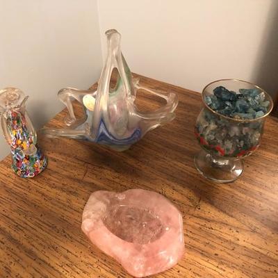 4 piece Glass Lot, Millefiori, Murano, Quartz Ashtray, and cup with crushed quartz
