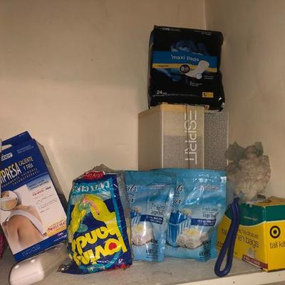 Lot of Deodorizer, Heat Pack, Garbage Bags, Maxi Pads and More