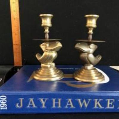 Super Cool Kansas University  KU Jayhawks Vintage Brass Candle Holders & 1960 Yearbook