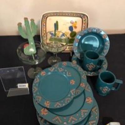Rare Francoma Thunderbird Fiesta for Two Set Including Margarita Glasses & Painted Mexican Tray