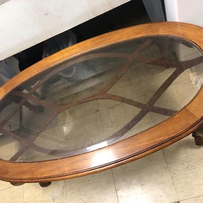 Vintage Wood Coffee Table with Glass Top and Decorative Underlayment