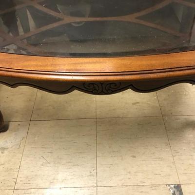 Vintage Wood Coffee Table with Glass Top and Decorative Underlayment