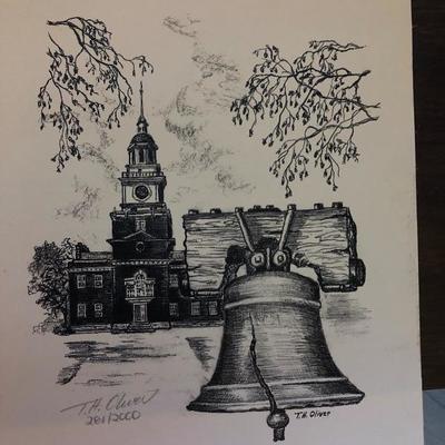 Vintage Charcoal Sketch Of The Liberty Bell Signed T.H. Oliver 281/2000