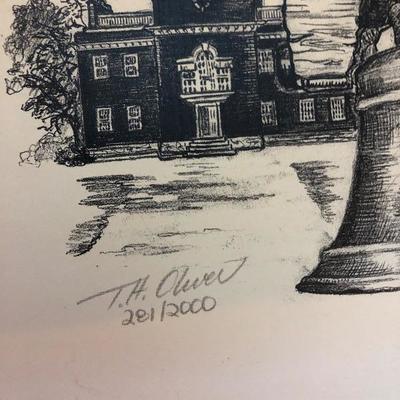 Vintage Charcoal Sketch Of The Liberty Bell Signed T.H. Oliver 281/2000
