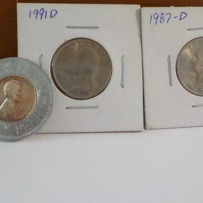 Good luck coin 1938, and 1991 D, 1987- D.