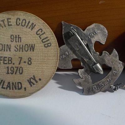 Boy Scouts of America " 1900 Eagle Scout Badge", 1964 World Fair Coin/ Indian Wooden Nickel.