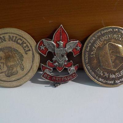 Boy Scouts of America " 1900 Eagle Scout Badge", 1964 World Fair Coin/ Indian Wooden Nickel.